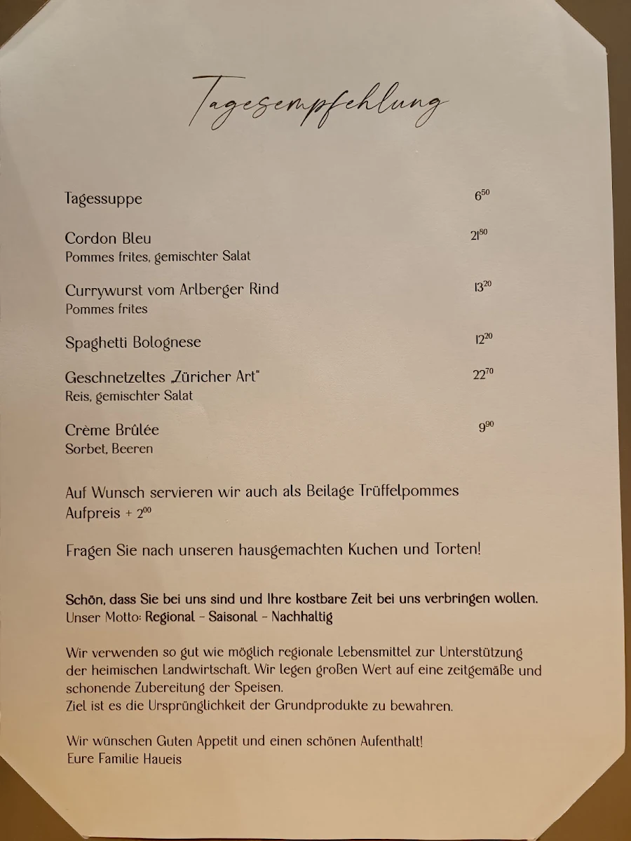 Speisekarte, Gasthof Valluga St. Christoph