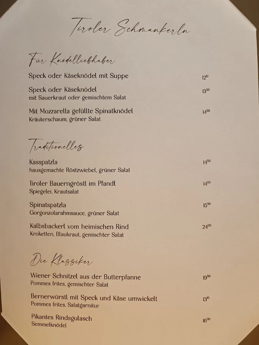 Speisekarte, Gasthof Valluga St. Christoph