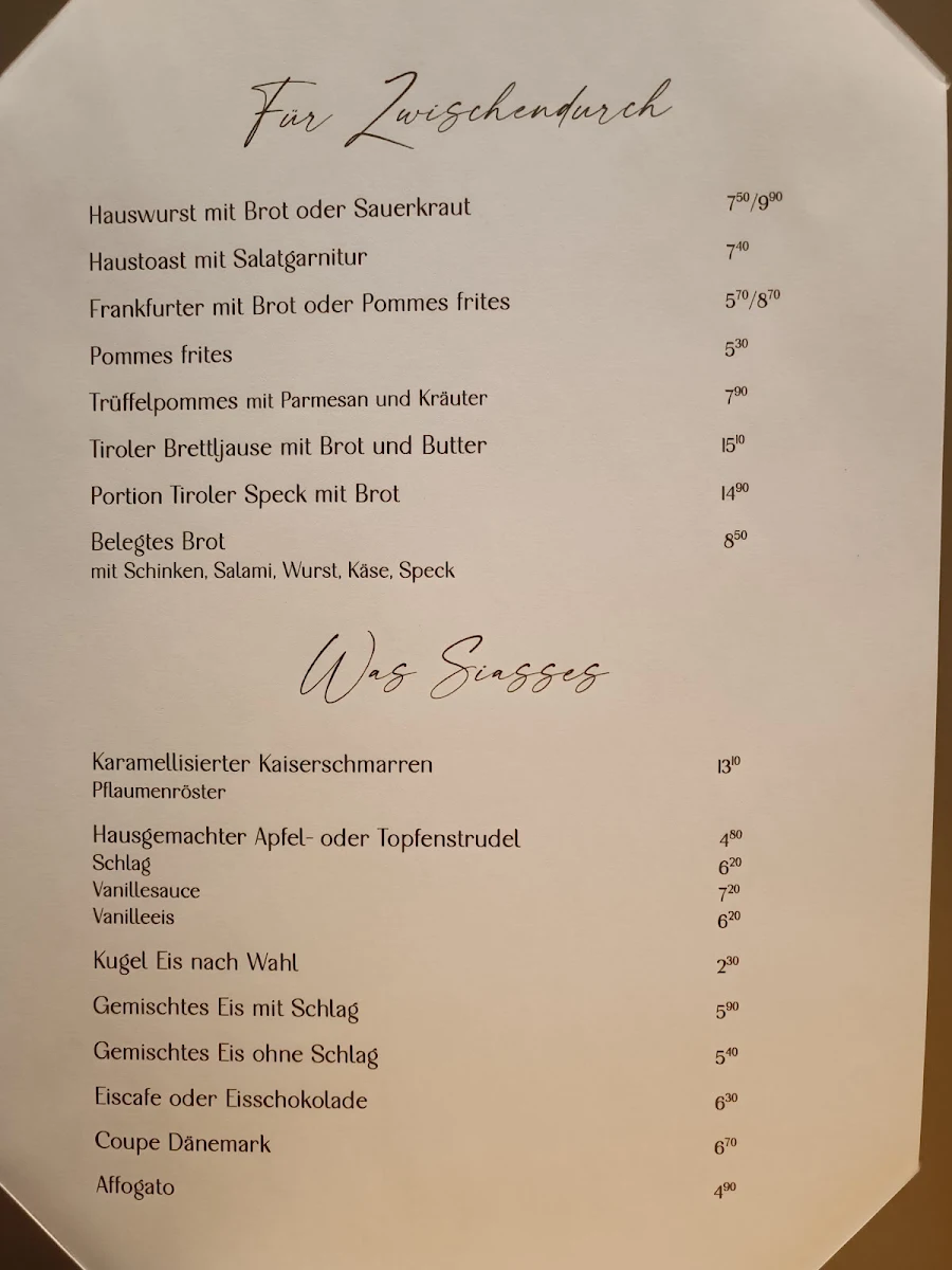 Speisekarte, Gasthof Valluga St. Christoph