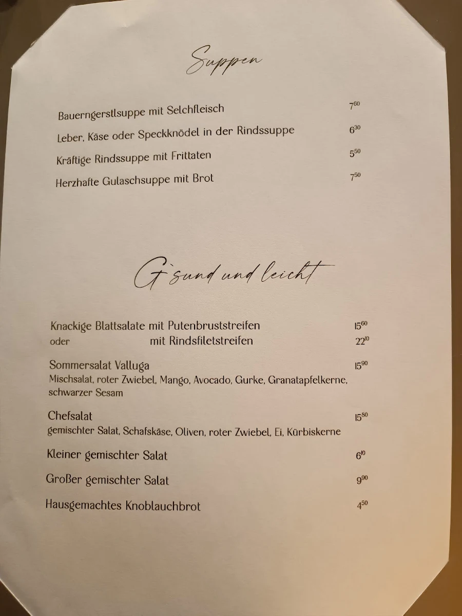 Speisekarte, Gasthof Valluga St. Christoph