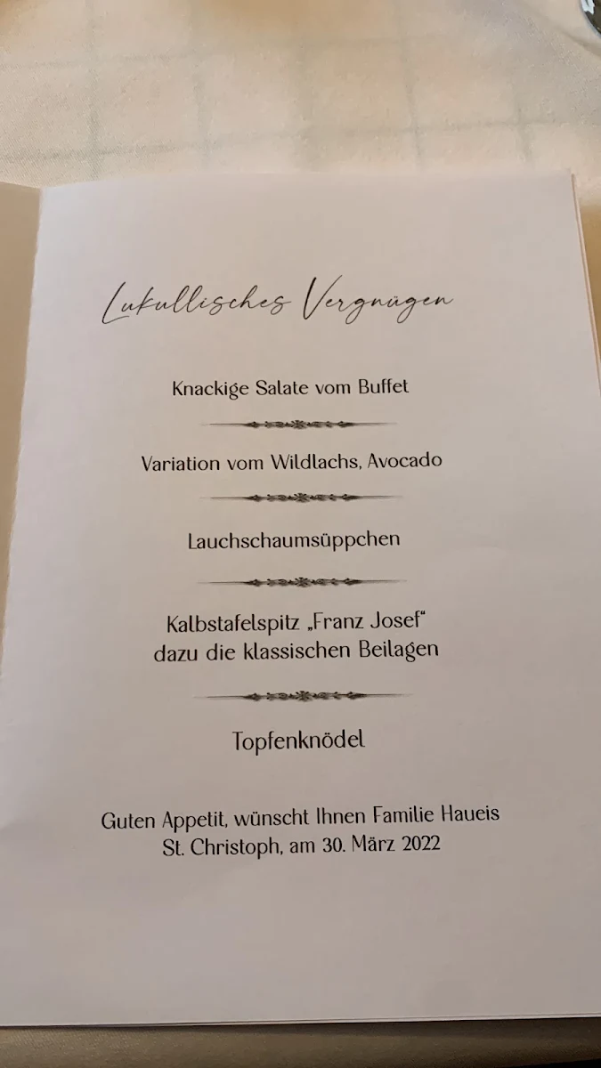 Speisekarte, Gasthof Valluga St. Christoph