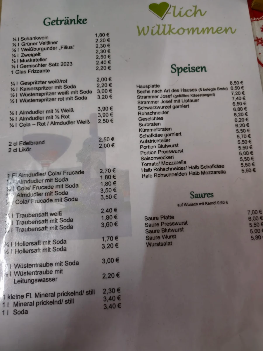 Speisekarte, Heurigenschank Baumühlner
