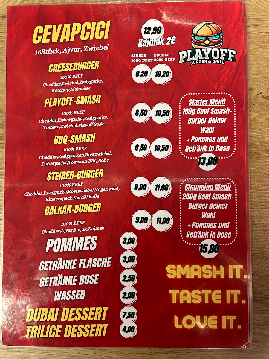 Speisekarte, Playoff Burger & Grill
