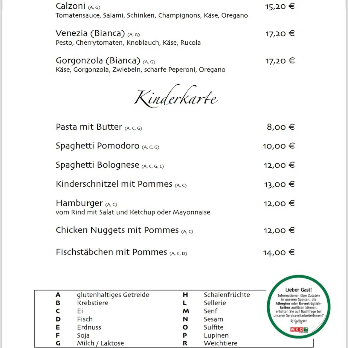 Speisekarte, Restaurant Pizzeria Venezia