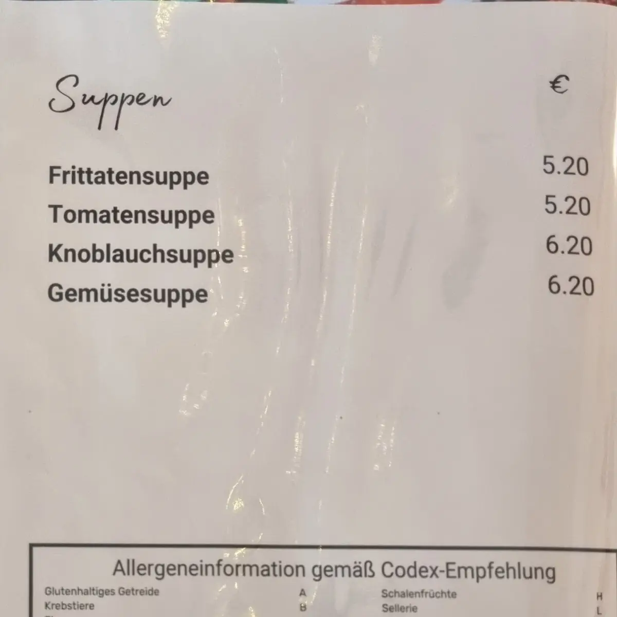 Speisekarte, Restaurant Pizzeria Venezia