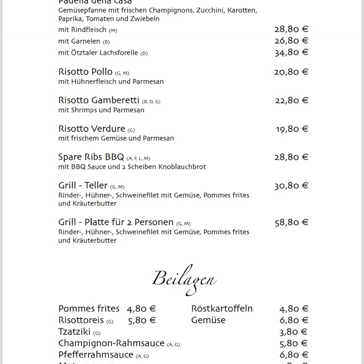 Speisekarte, Restaurant Pizzeria Venezia