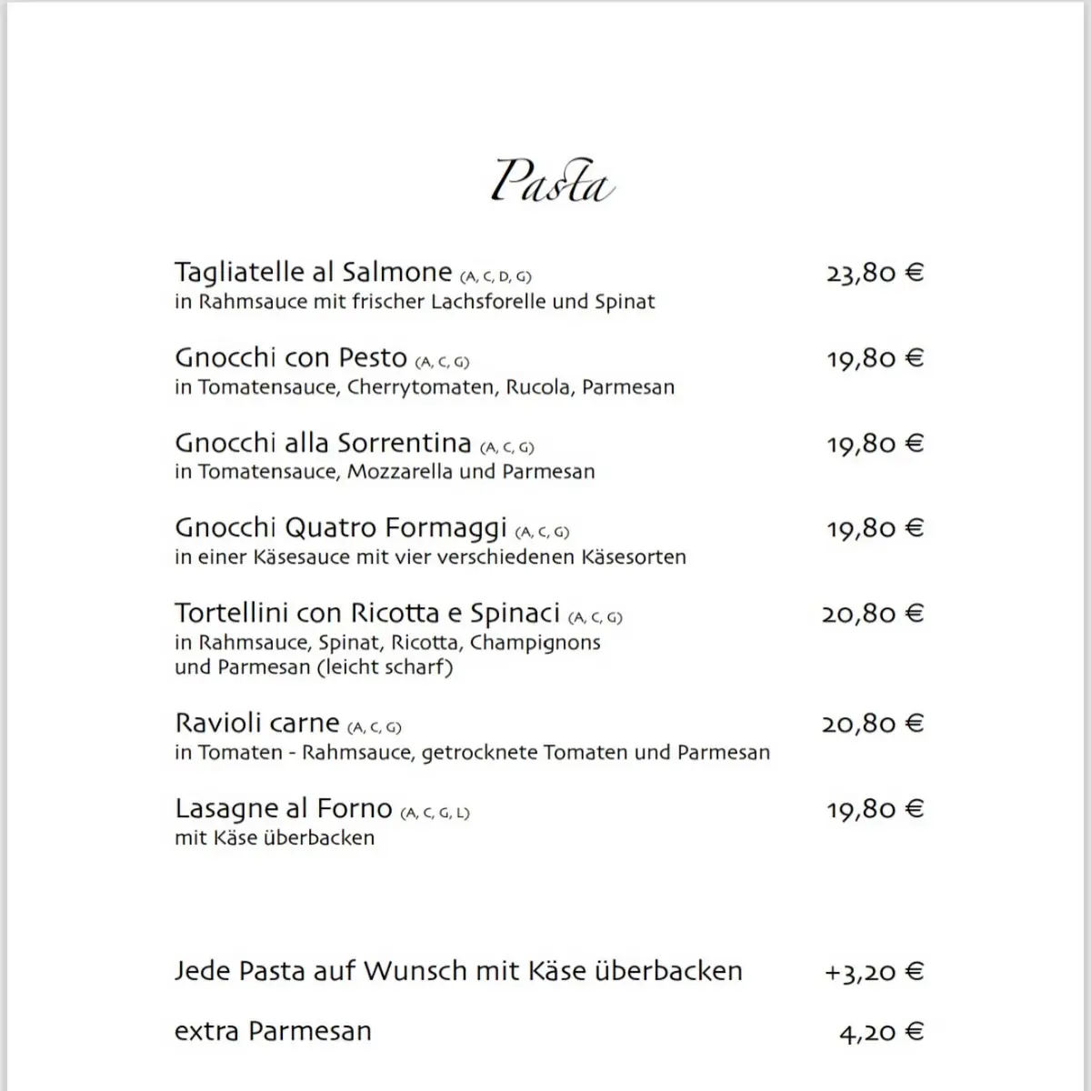 Speisekarte, Restaurant Pizzeria Venezia