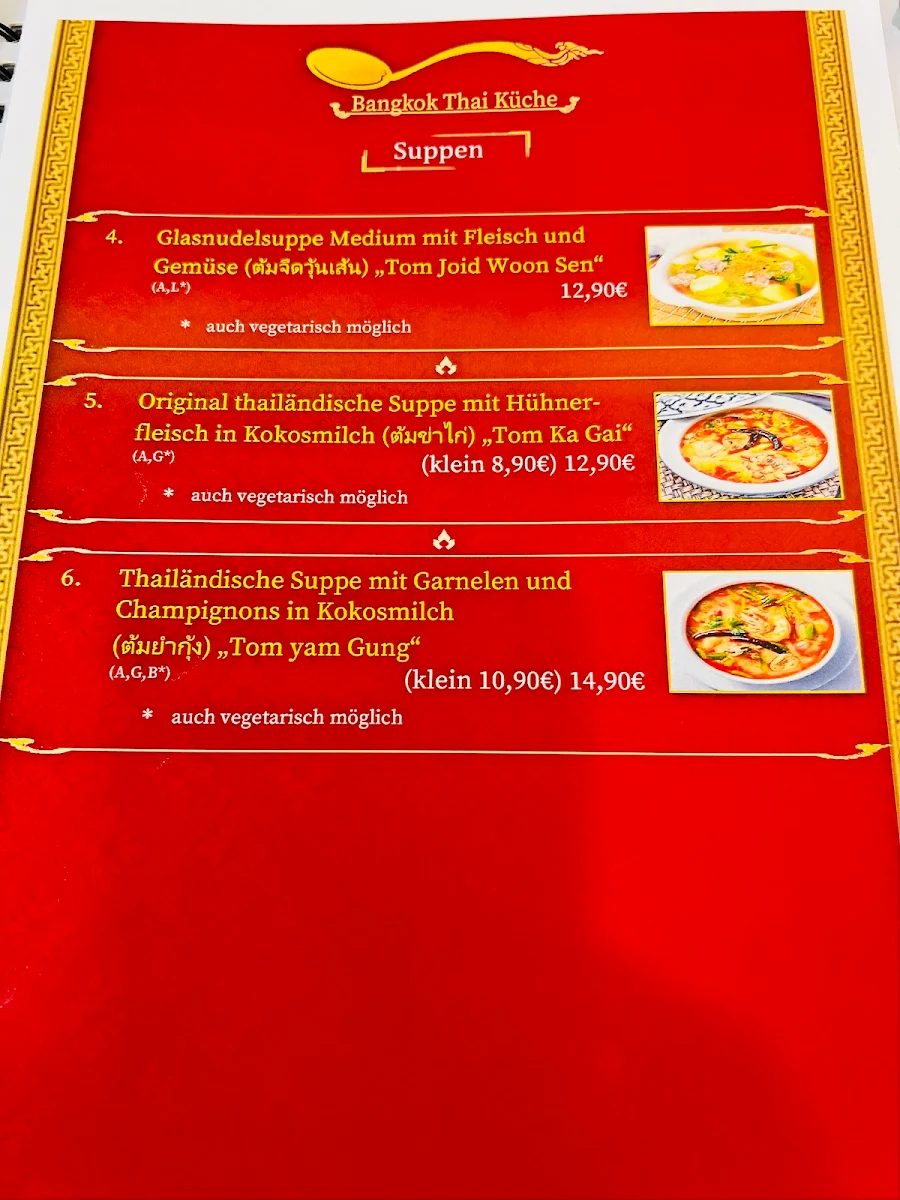 Speisekarte, Bangkok Thai Küche