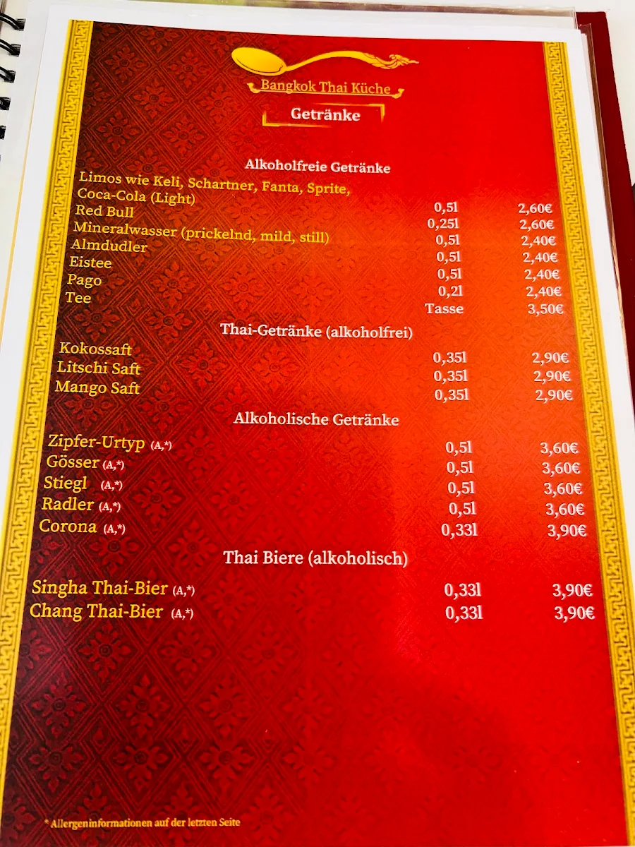Speisekarte, Bangkok Thai Küche