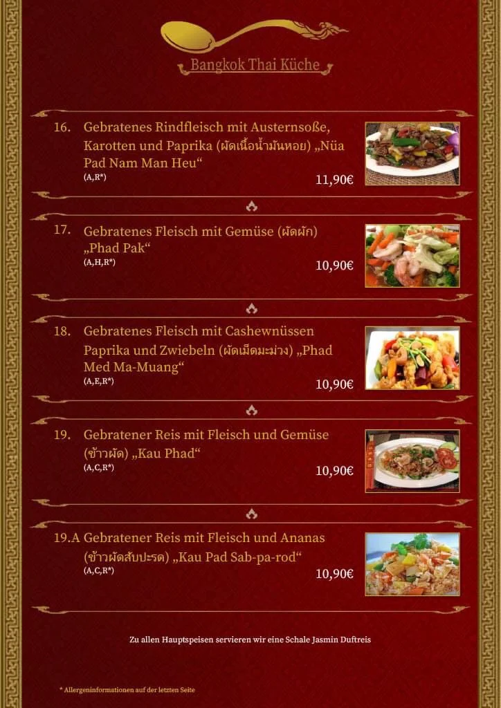 Speisekarte, Bangkok Thai Küche