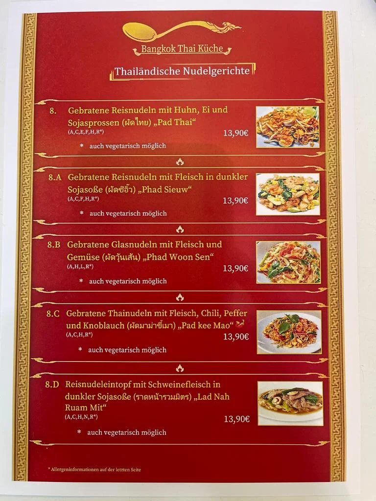 Speisekarte, Bangkok Thai Küche