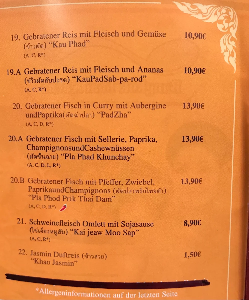 Speisekarte, Bangkok Thai Küche