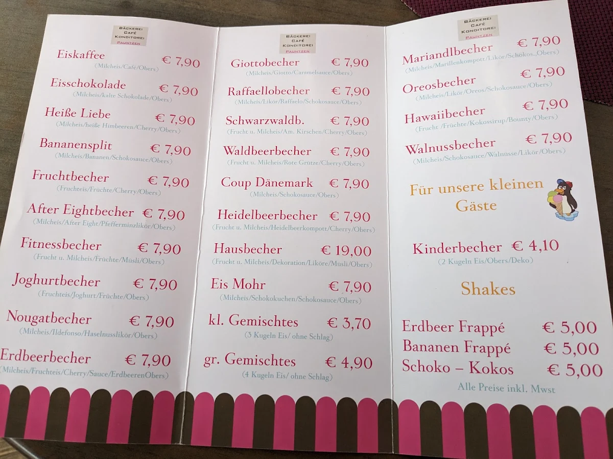 Speisekarte, Bäckerei - Café - Konditorei Lukas Pauntzen