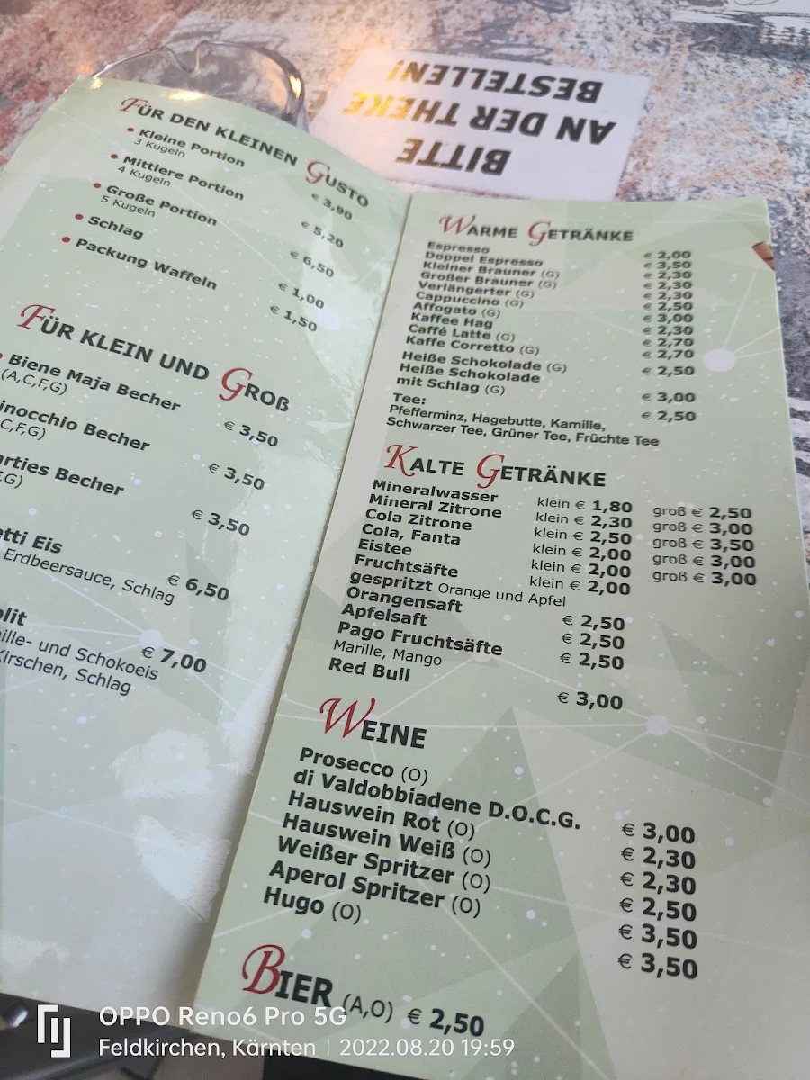 Speisekarte, Gelato Eisdielen Arno Mazzer KG