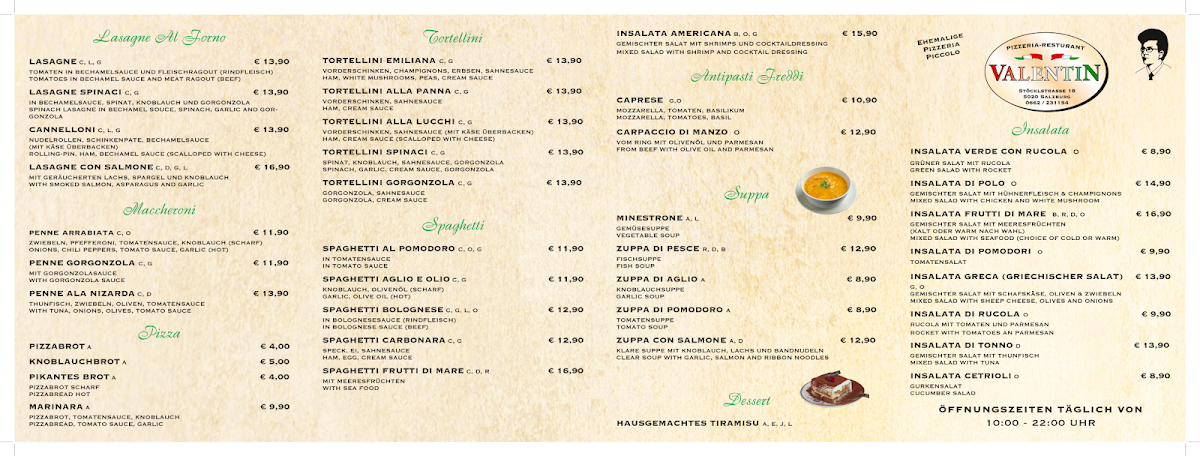 Speisekarte, Pizzeria Valentin Aigen