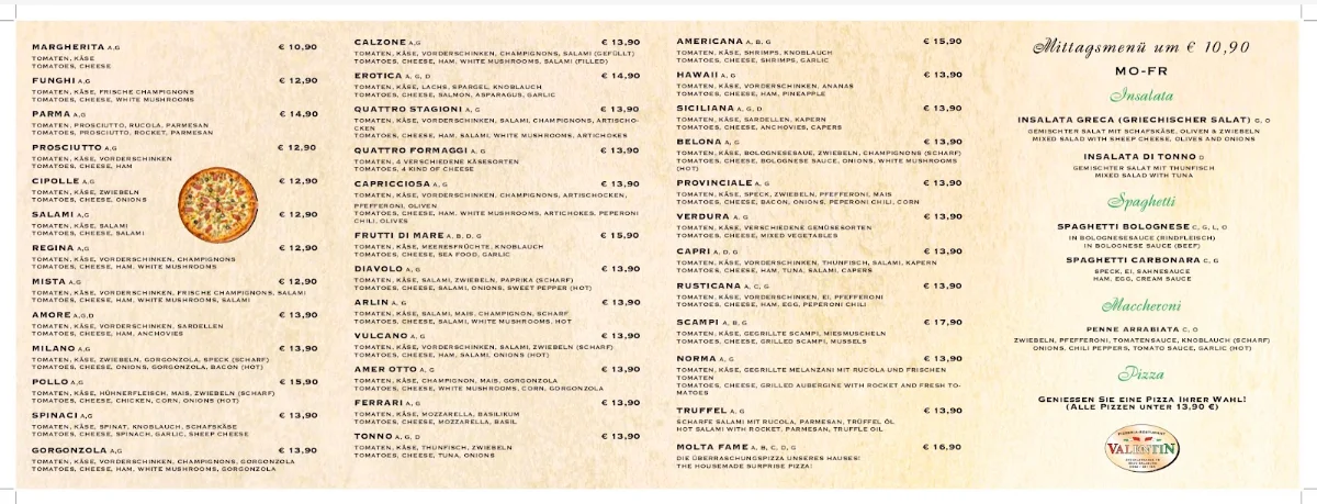 Speisekarte, Pizzeria Valentin Aigen
