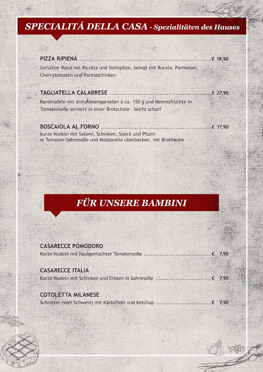 Speisekarte, Ristorante Pizzeria Pension "Zum kleinen Italiener"