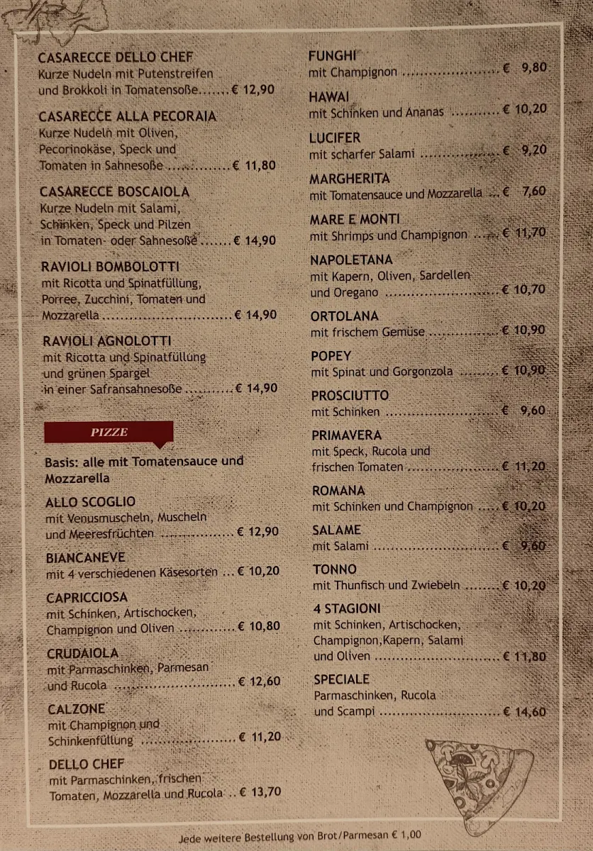 Speisekarte, Ristorante Pizzeria Pension "Zum kleinen Italiener"