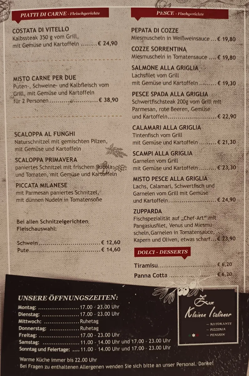 Speisekarte, Ristorante Pizzeria Pension "Zum kleinen Italiener"