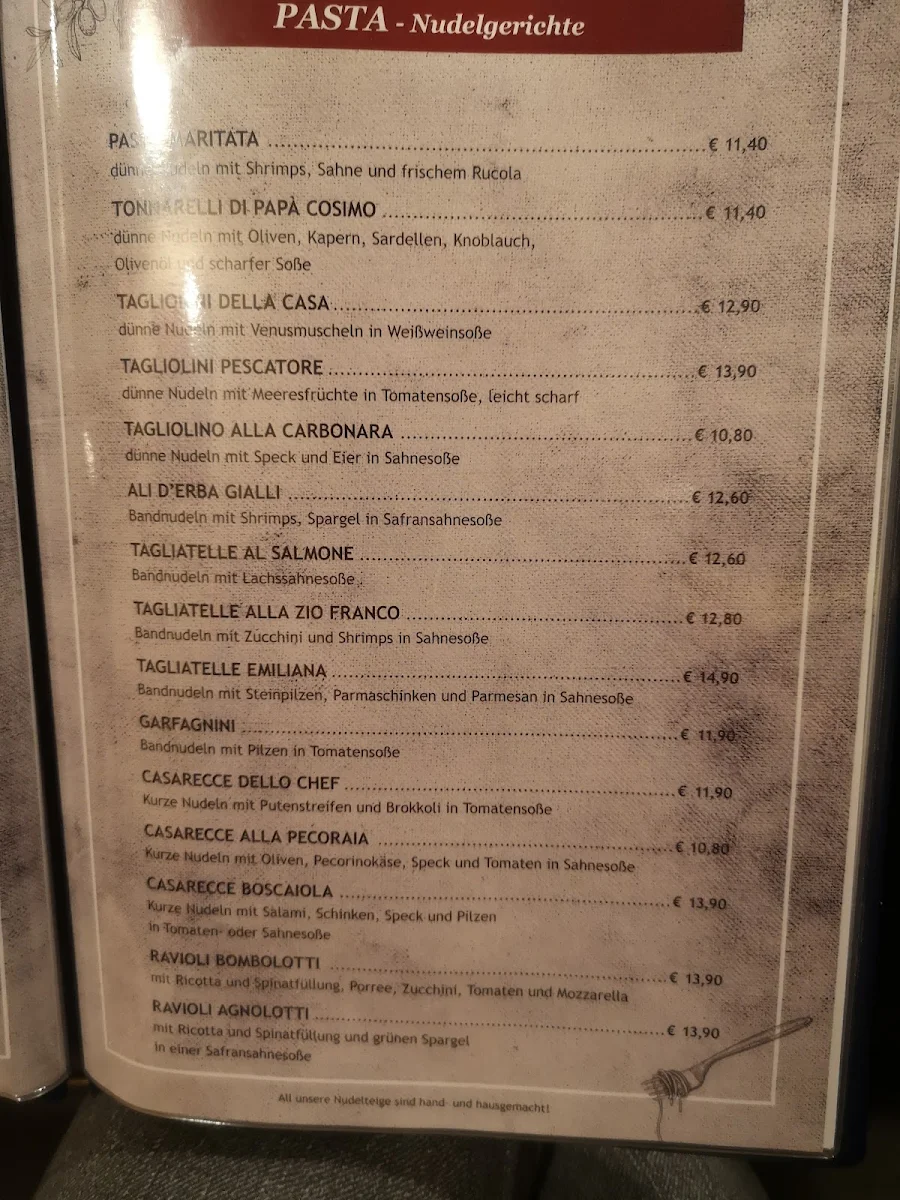 Speisekarte, Ristorante Pizzeria Pension "Zum kleinen Italiener"