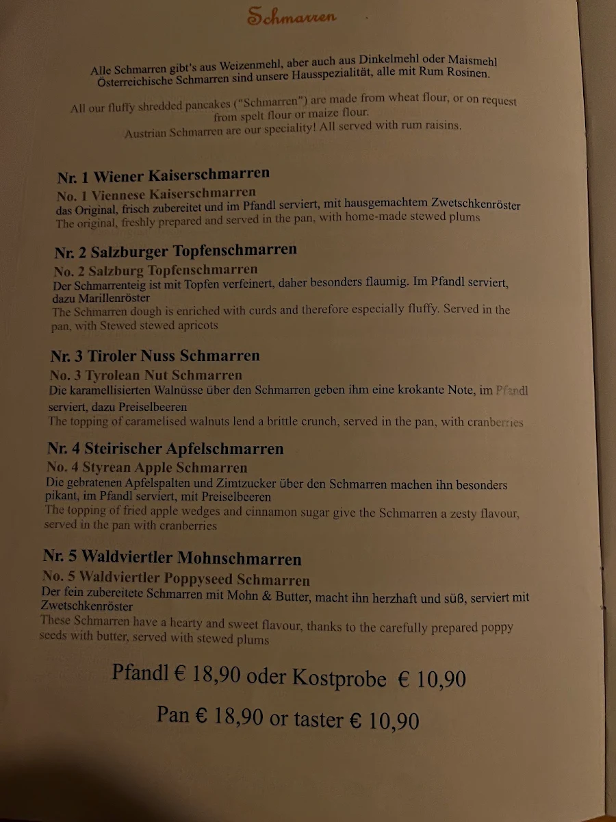 Speisekarte, Heindls Schmarren & Palatschinkenkuchl