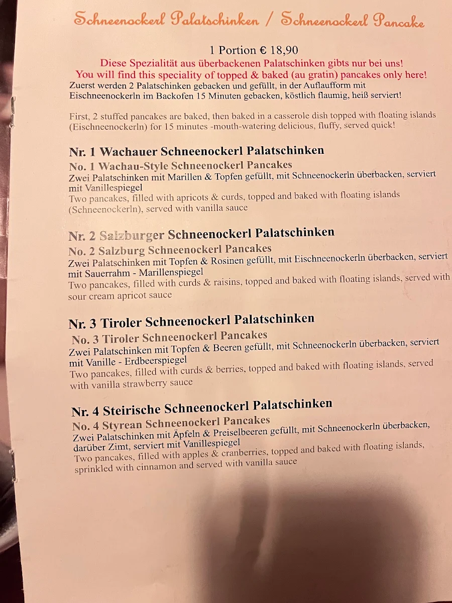 Speisekarte, Heindls Schmarren & Palatschinkenkuchl