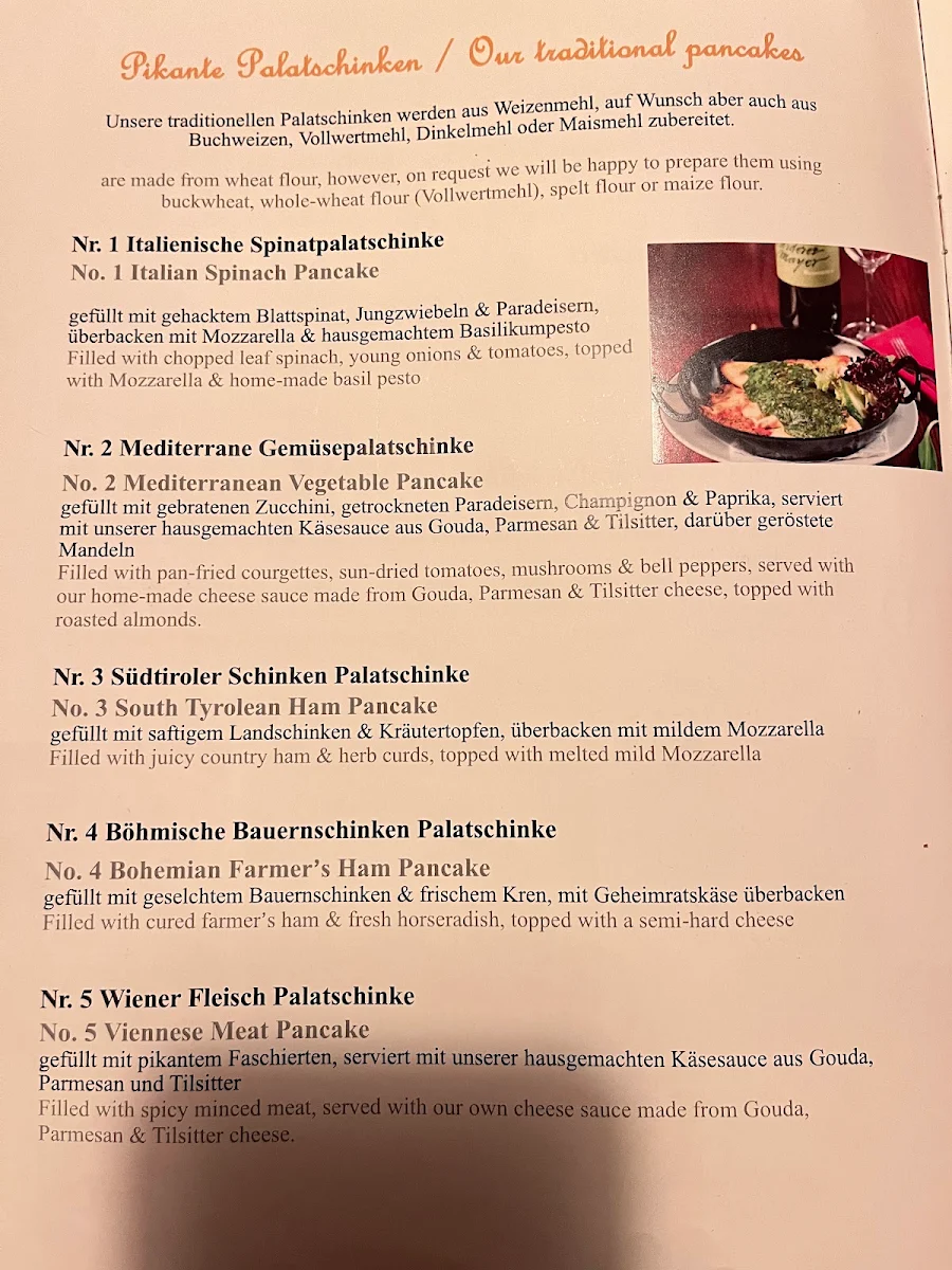 Speisekarte, Heindls Schmarren & Palatschinkenkuchl