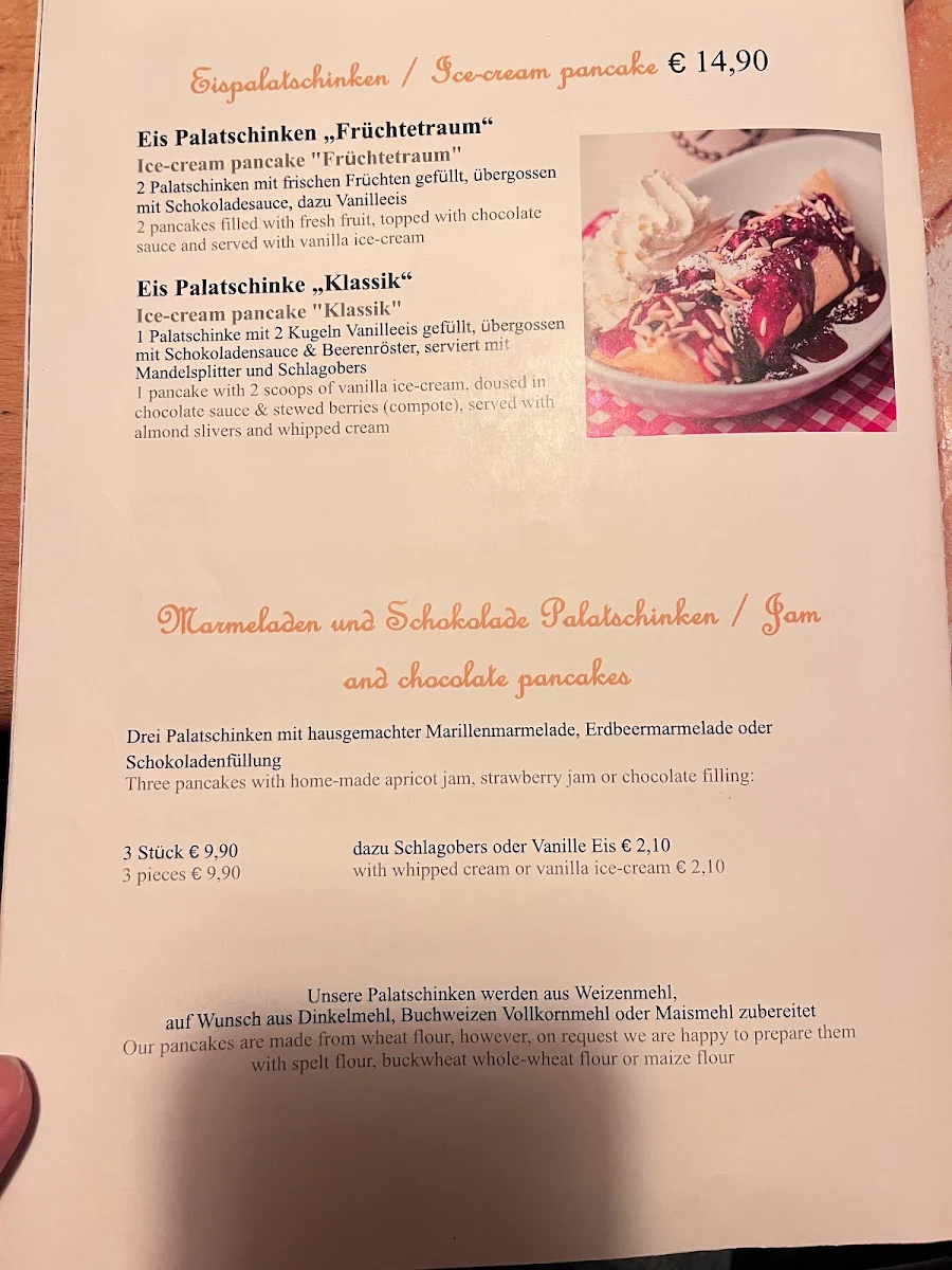 Speisekarte, Heindls Schmarren & Palatschinkenkuchl