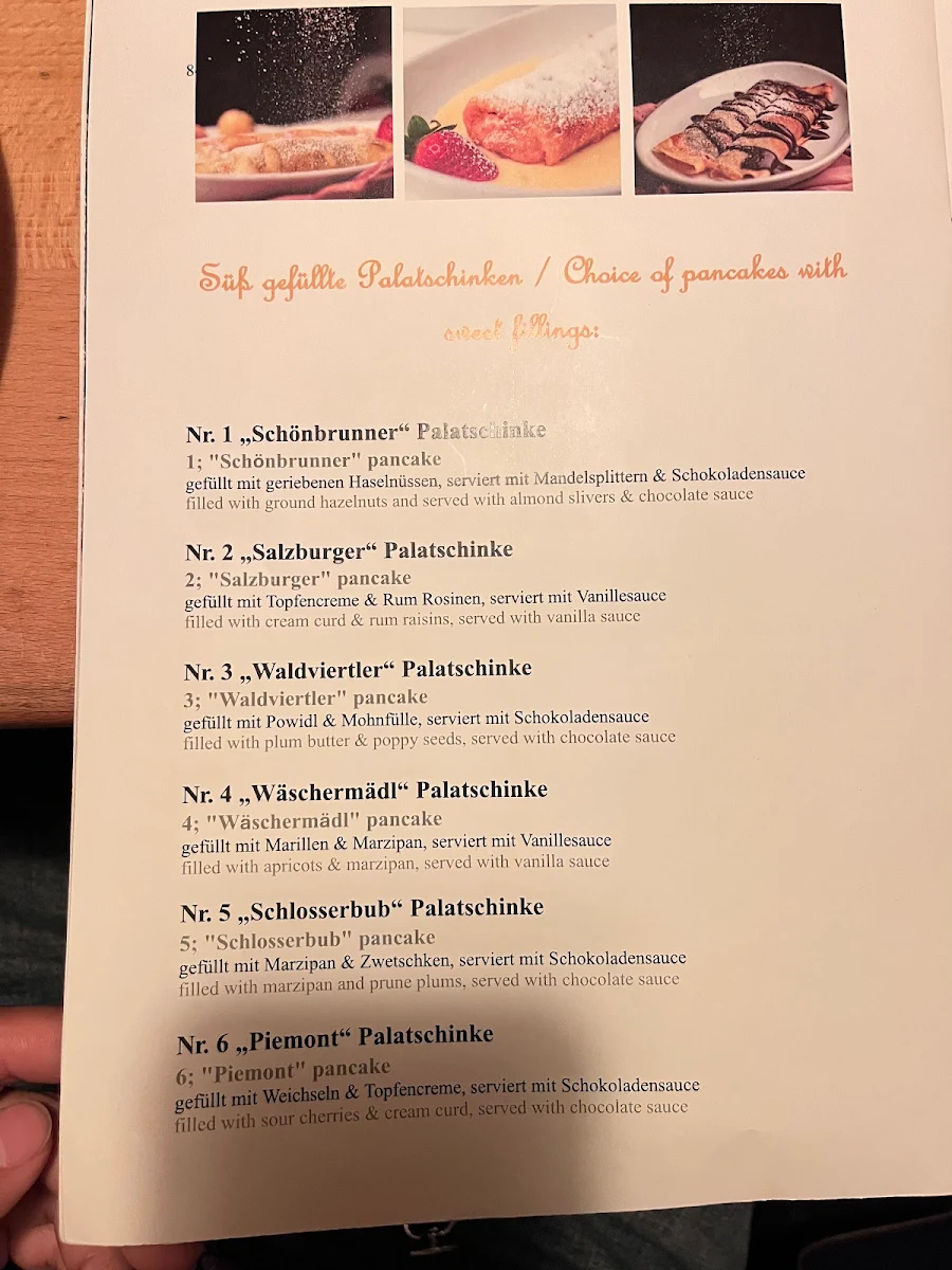 Speisekarte, Heindls Schmarren & Palatschinkenkuchl