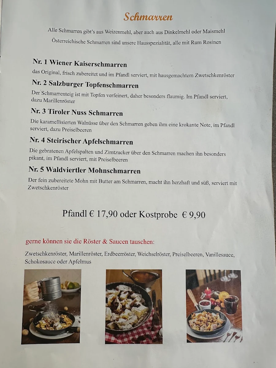 Speisekarte, Heindls Schmarren & Palatschinkenkuchl
