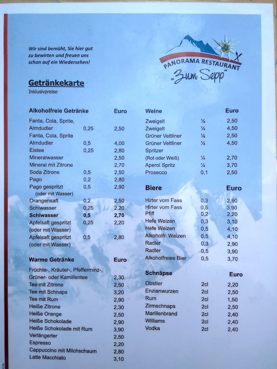 Speisekarte, Panorama Restaurant Schareck
