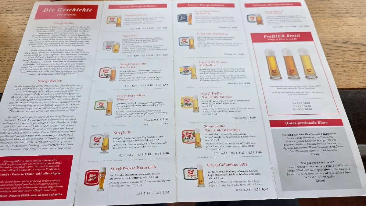 Speisekarte, Restaurant Stiegl-Keller