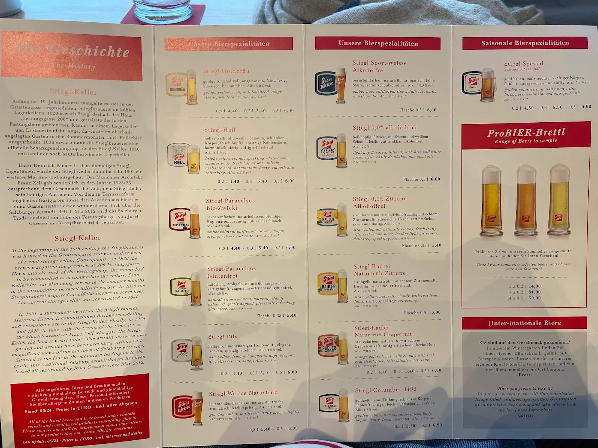Speisekarte, Restaurant Stiegl-Keller