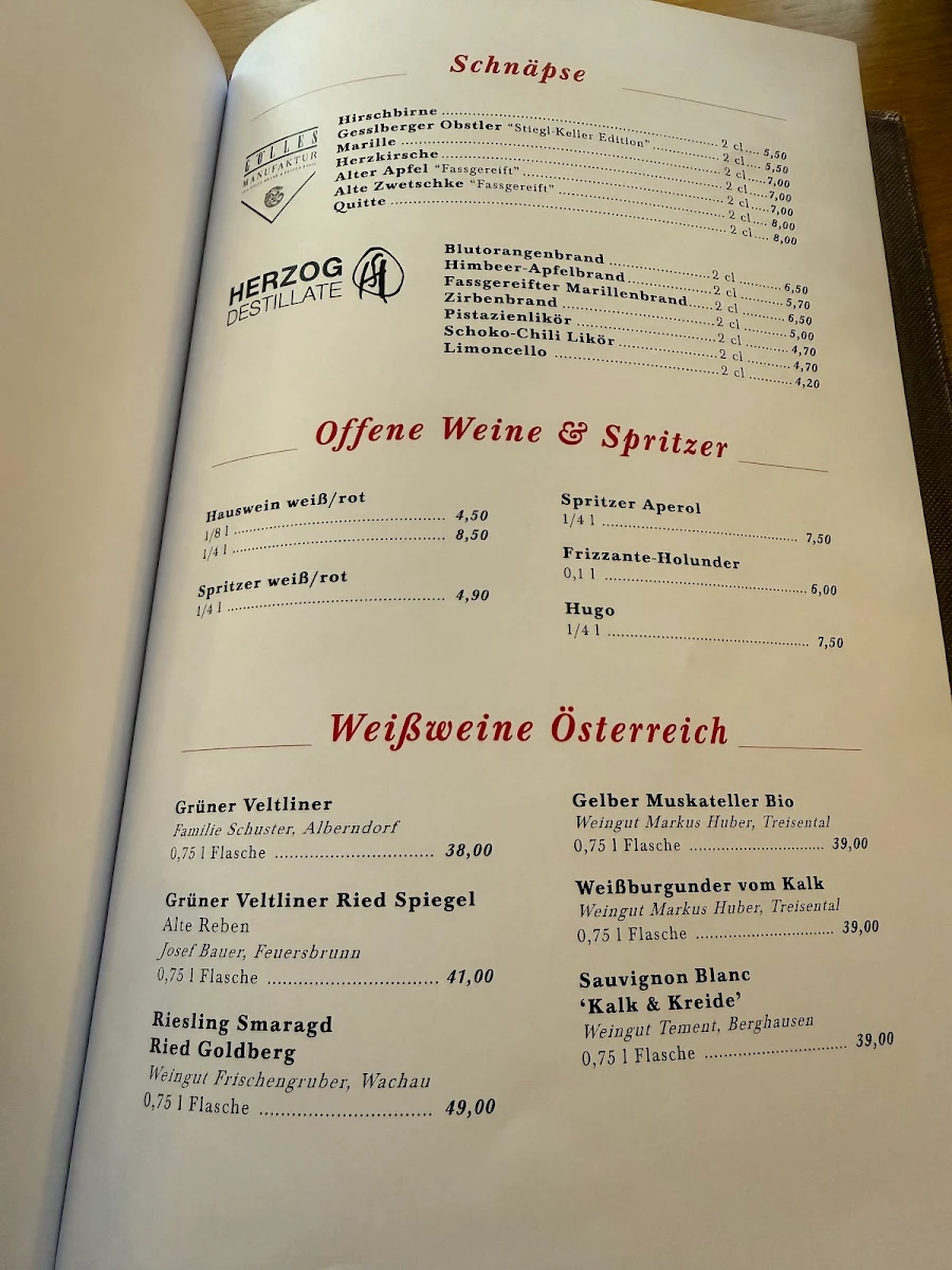 Speisekarte, Restaurant Stiegl-Keller
