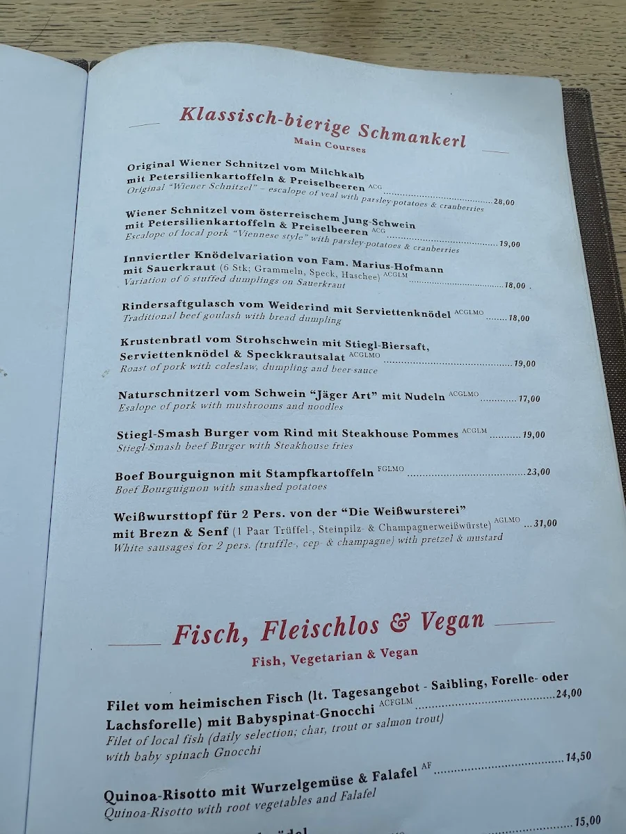 Speisekarte, Restaurant Stiegl-Keller
