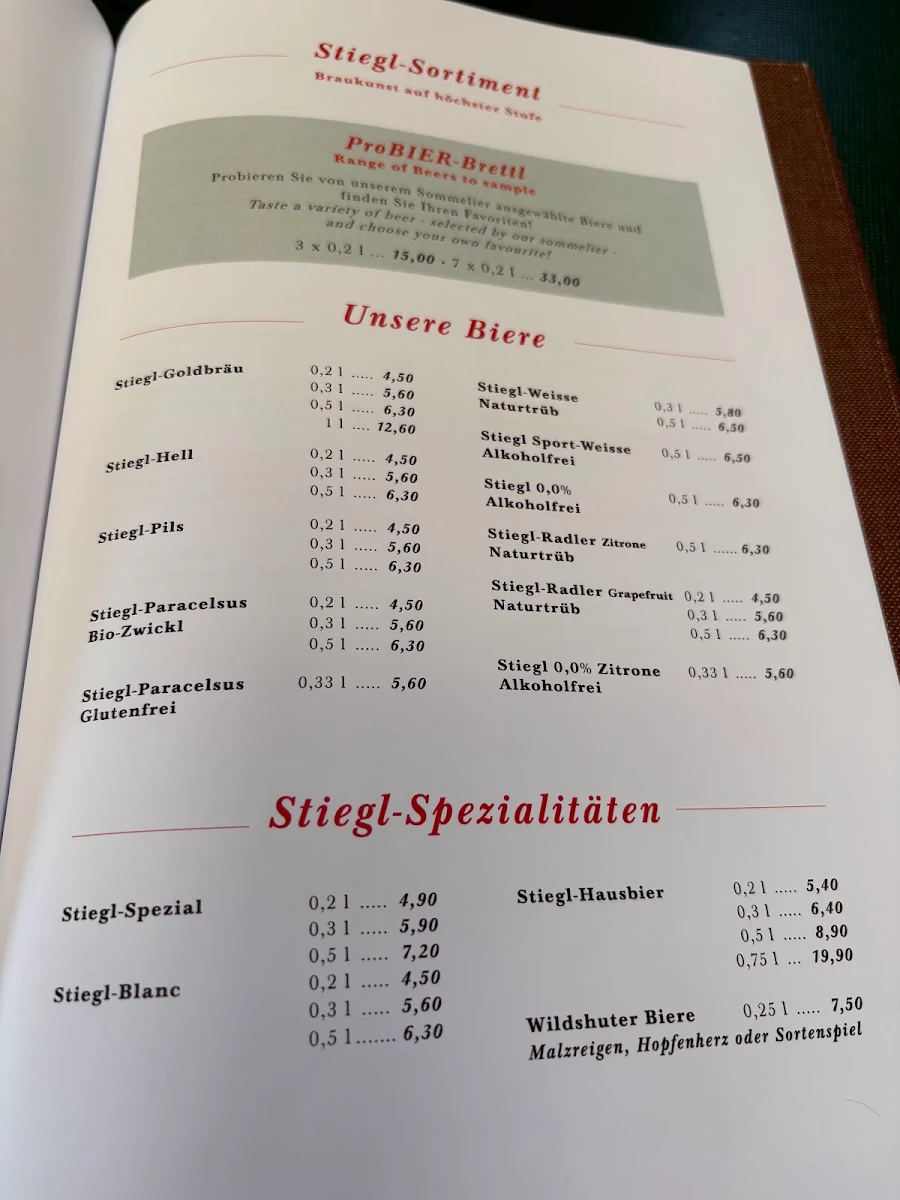 Speisekarte, Restaurant Stiegl-Keller