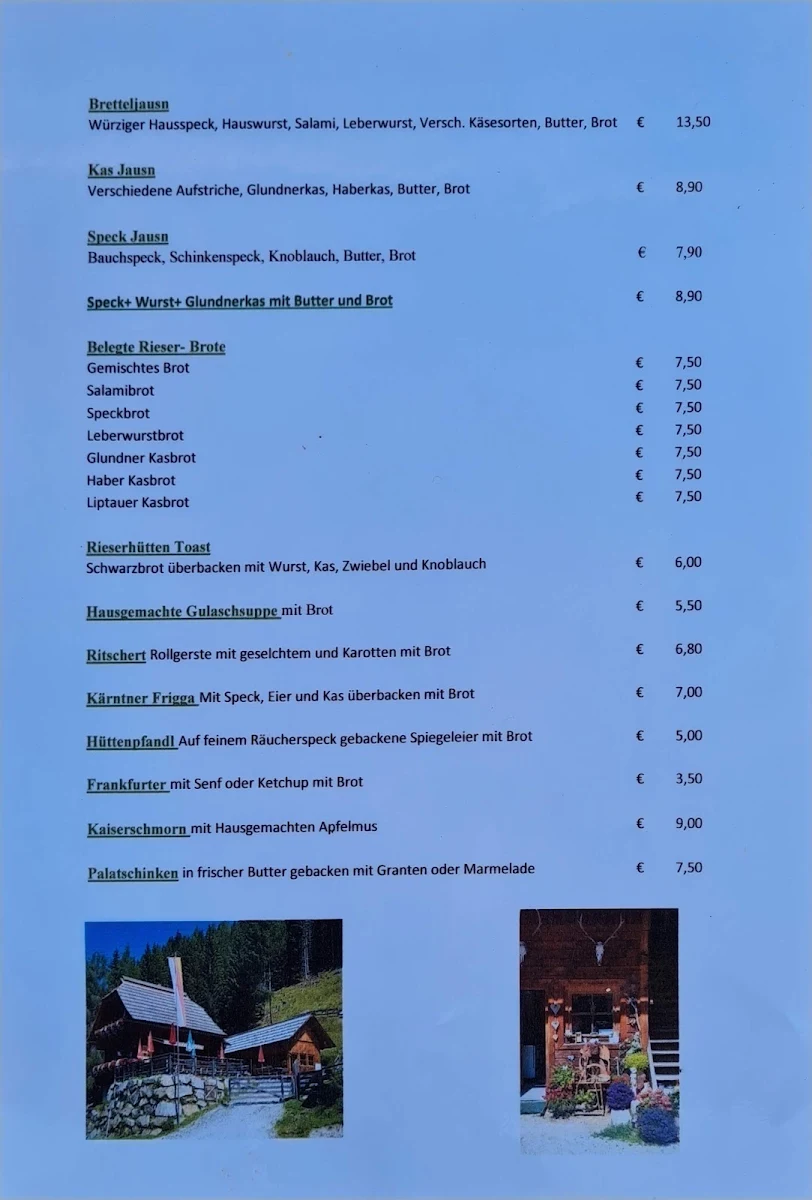 Speisekarte, Rieserhütte