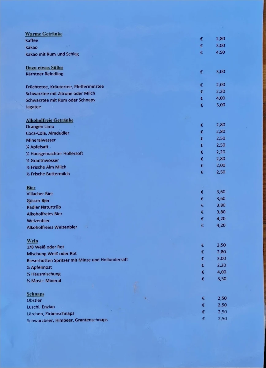 Speisekarte, Rieserhütte