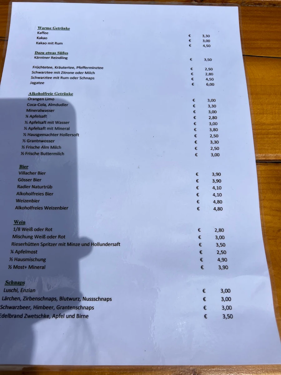 Speisekarte, Rieserhütte