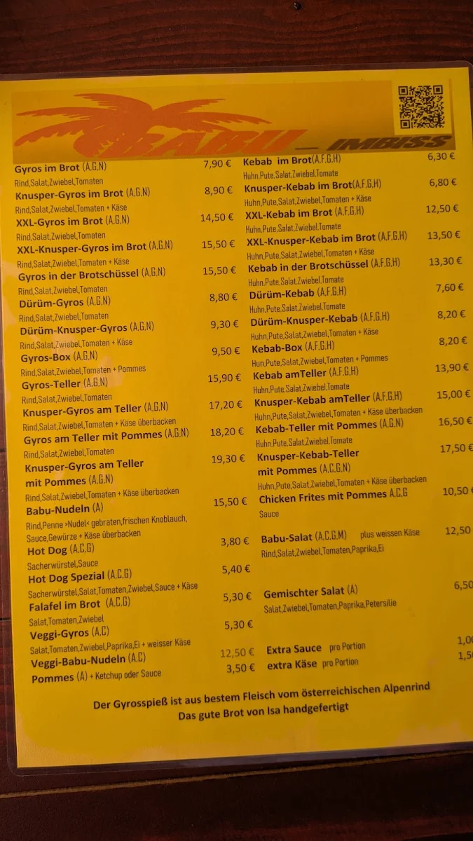 Speisekarte, Imbiss Babu