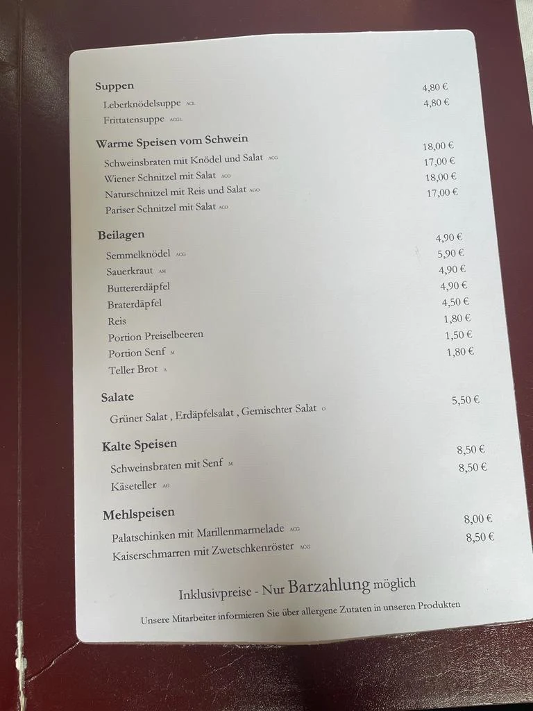 Speisekarte, Gasthaus Ubl