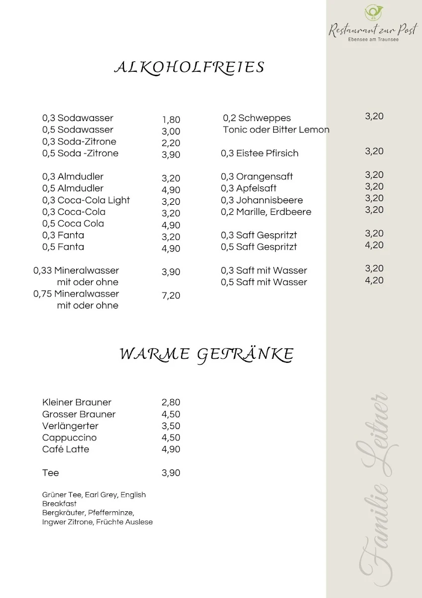 Speisekarte, Restaurant zur Post
