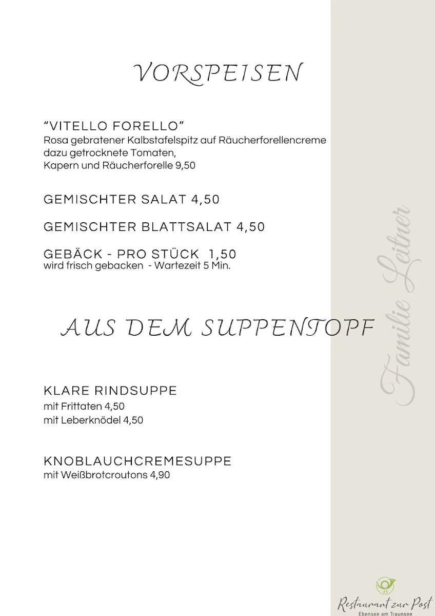 Speisekarte, Restaurant zur Post