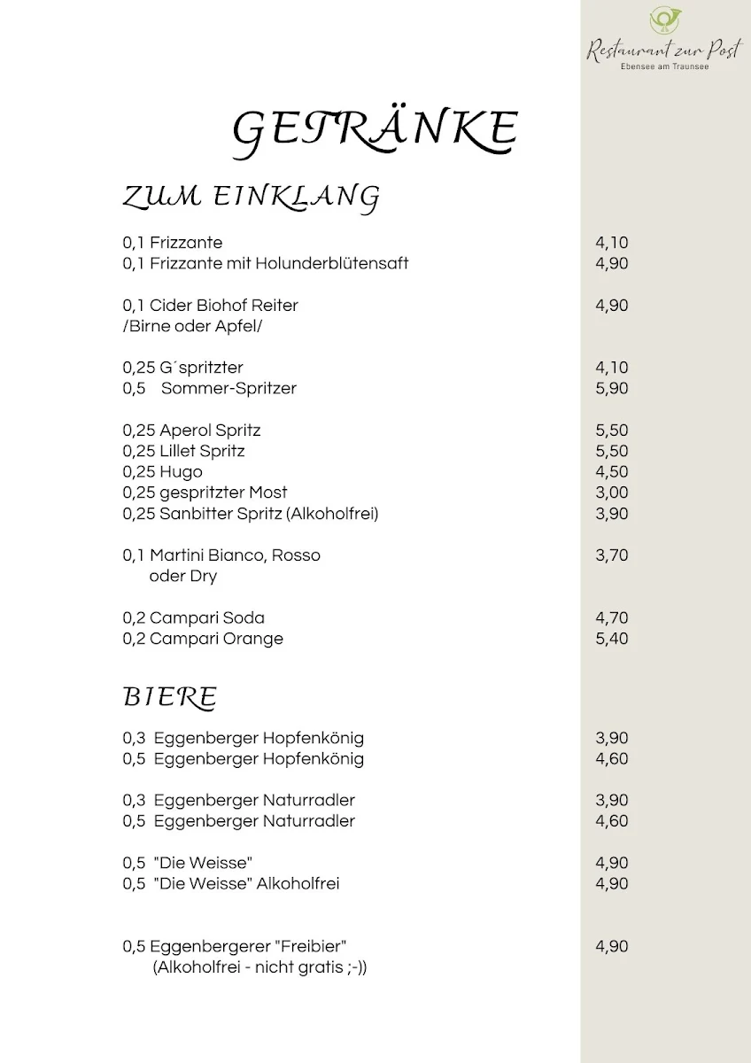 Speisekarte, Restaurant zur Post