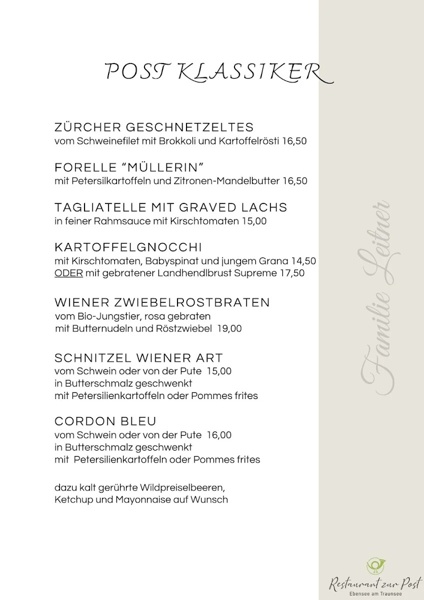 Speisekarte, Restaurant zur Post