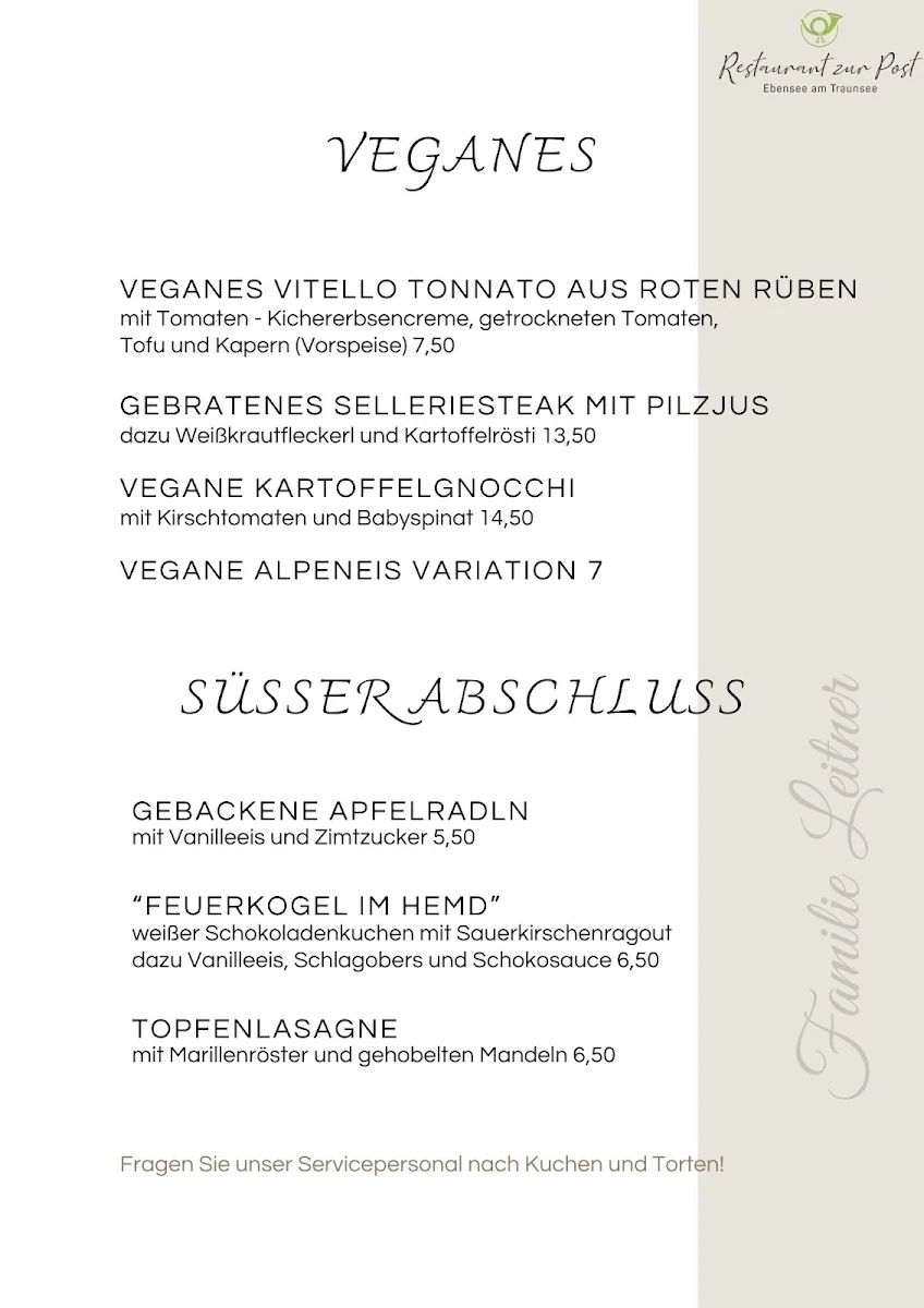 Speisekarte, Restaurant zur Post