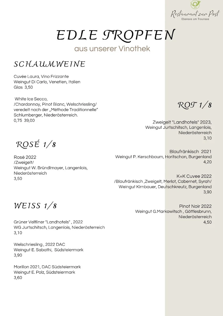 Speisekarte, Restaurant zur Post
