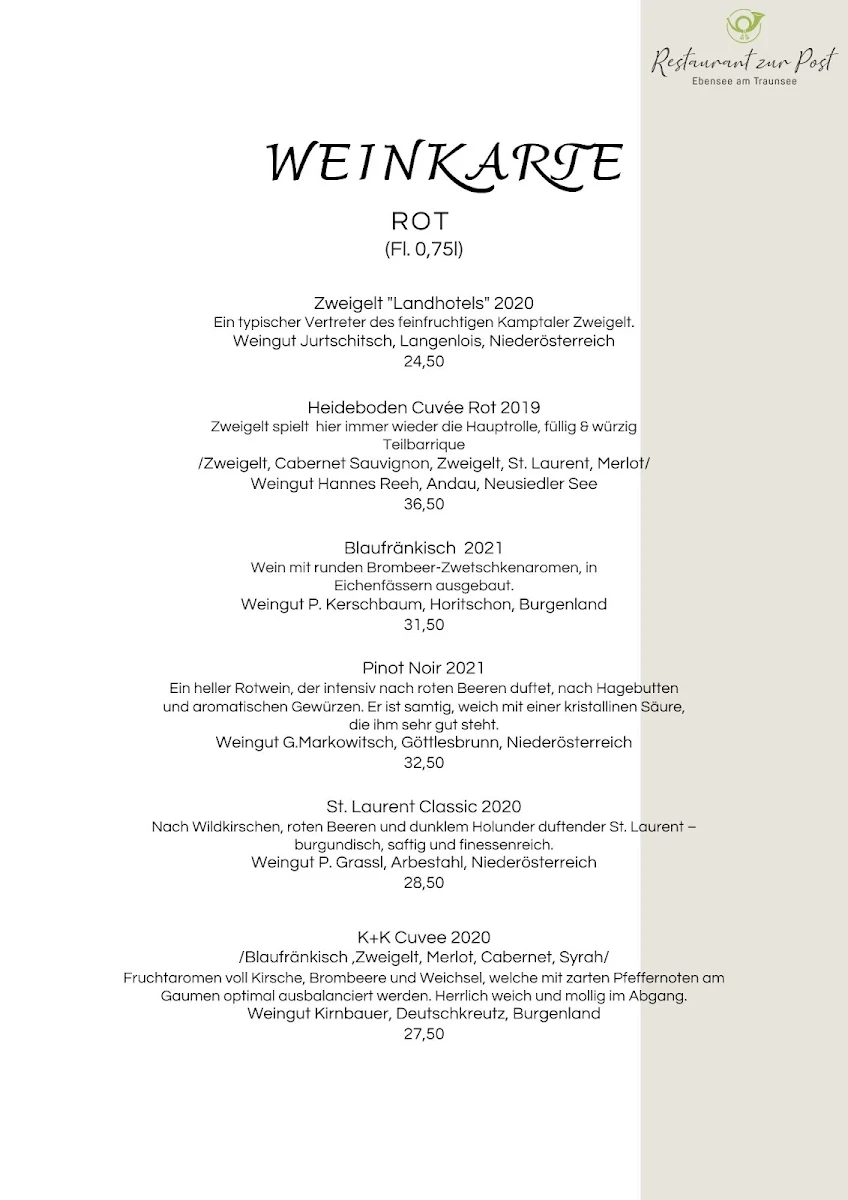 Speisekarte, Restaurant zur Post