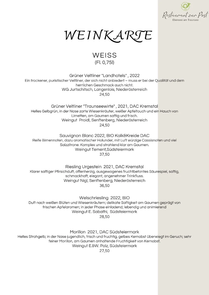 Speisekarte, Restaurant zur Post