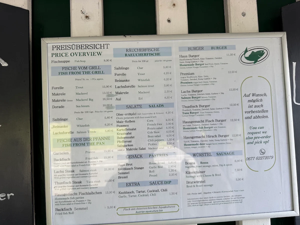 Speisekarte, Steckerlfisch in Abersee